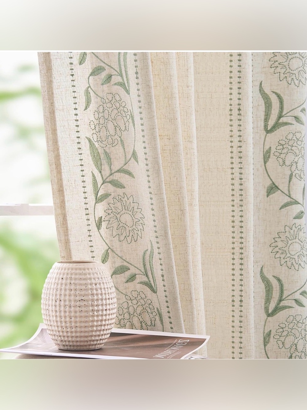 NWOT Green Floral Linen Curtain Panels 2 pair (4 panels) 50 x 84 each